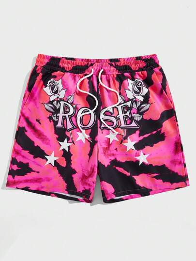 Street Life بنطلون قصير بطباعة أحرف صبغ متعادل رباط خصر للشباب