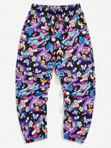 ROMWE MEN Anime Men Allover Print Drawstring Waist Pants, School - Multicolor - View 1