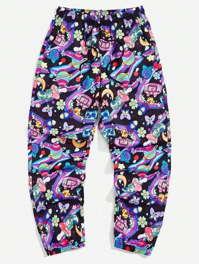 Anime Men Allover Print Drawstring Waist Pants, School