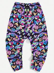 ROMWE MEN Anime Men Allover Print Drawstring Waist Pants, School - Multicolor - View 2