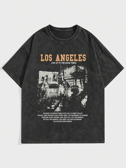 Street Life Men Snow Wash Vintage Slogan Graphic Tee, School, 2000s Style