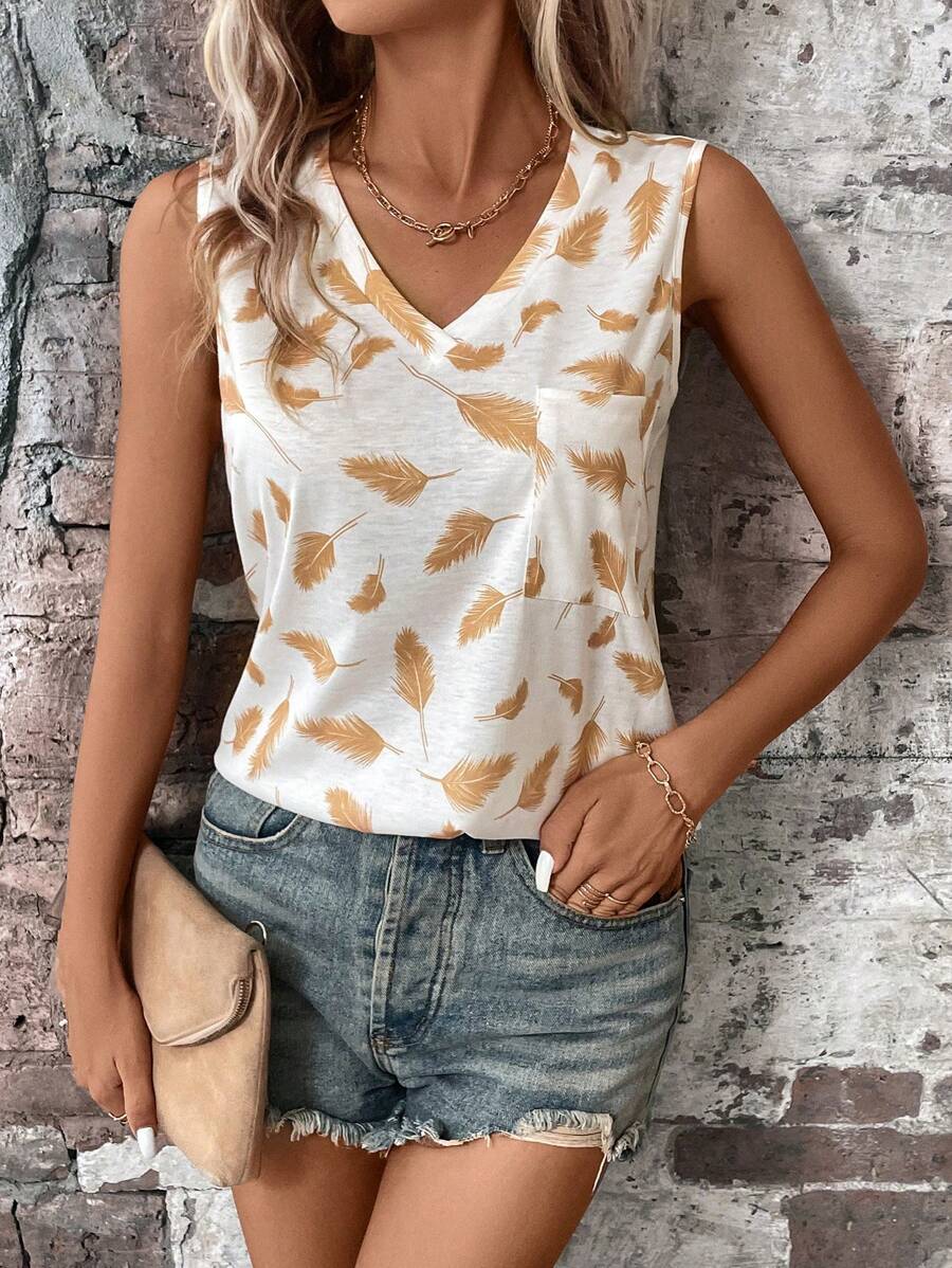 SHEIN LUNE Feather Print Pocket Patched Tank Top - White - View 1