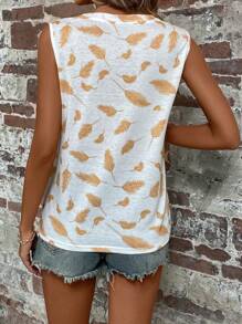 SHEIN LUNE Feather Print Pocket Patched Tank Top - White - View 2