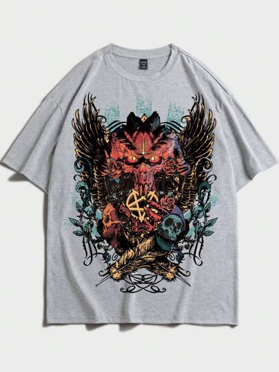 Guys Floral & Skull Print Drop Shoulder Tee