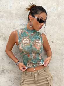 SHEIN ICON Graphic Print Mock Neck Tank Top - Multicolor - View 4