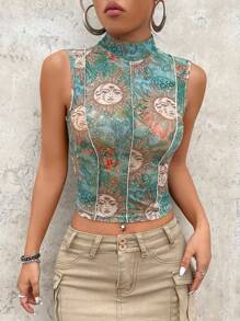 SHEIN ICON Graphic Print Mock Neck Tank Top - Multicolor - View 7