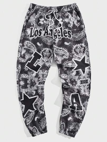 Street Life بنطلون صبغ متعادل طباعة بيزلي & بطباعة أحرف رباط خصر للشباب