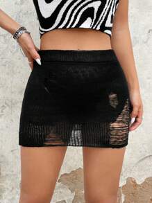 SHEIN ICON Solid Ripped Bodycon Knit Skirt Without Panty - Black - View 3