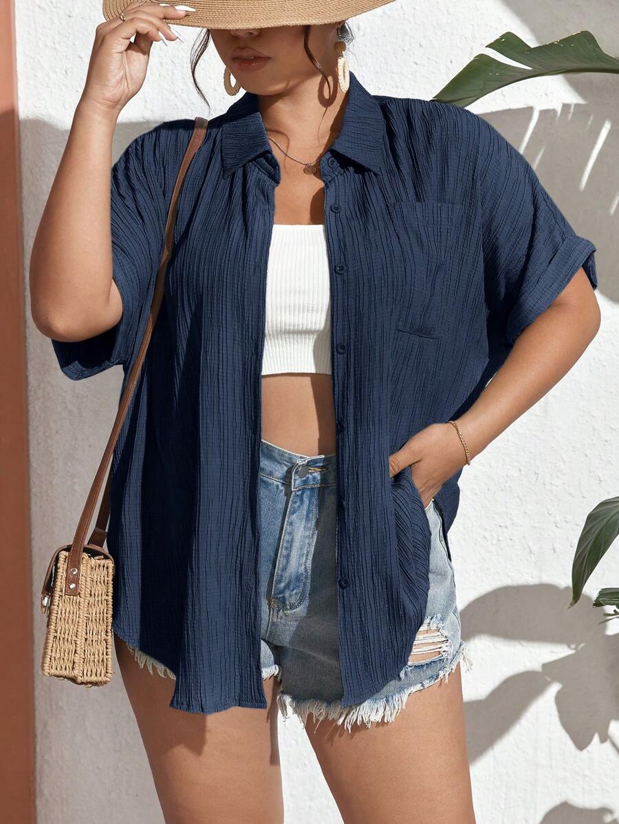 SHEIN Frenchy Plus Solid Button Front Shirt - Navy Blue - View 1