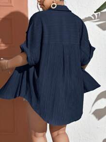 SHEIN Frenchy Plus Solid Button Front Shirt - Navy Blue - View 2
