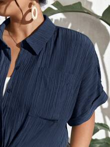 SHEIN Frenchy Plus Solid Button Front Shirt - Navy Blue - View 4