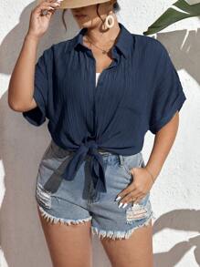 SHEIN Frenchy Plus Solid Button Front Shirt - Navy Blue - View 7