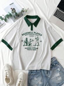 SHEIN EZwear 標語和人物圖案POLO衫 - 淺灰色 - 查看 1