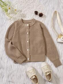 SHEIN Chica Joven Cárdigan de manga raglán tejido de canalé - Café integral - Ver 1