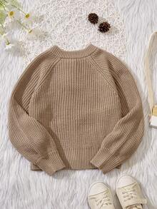 SHEIN Chica Joven Cárdigan de manga raglán tejido de canalé - Café integral - Ver 2