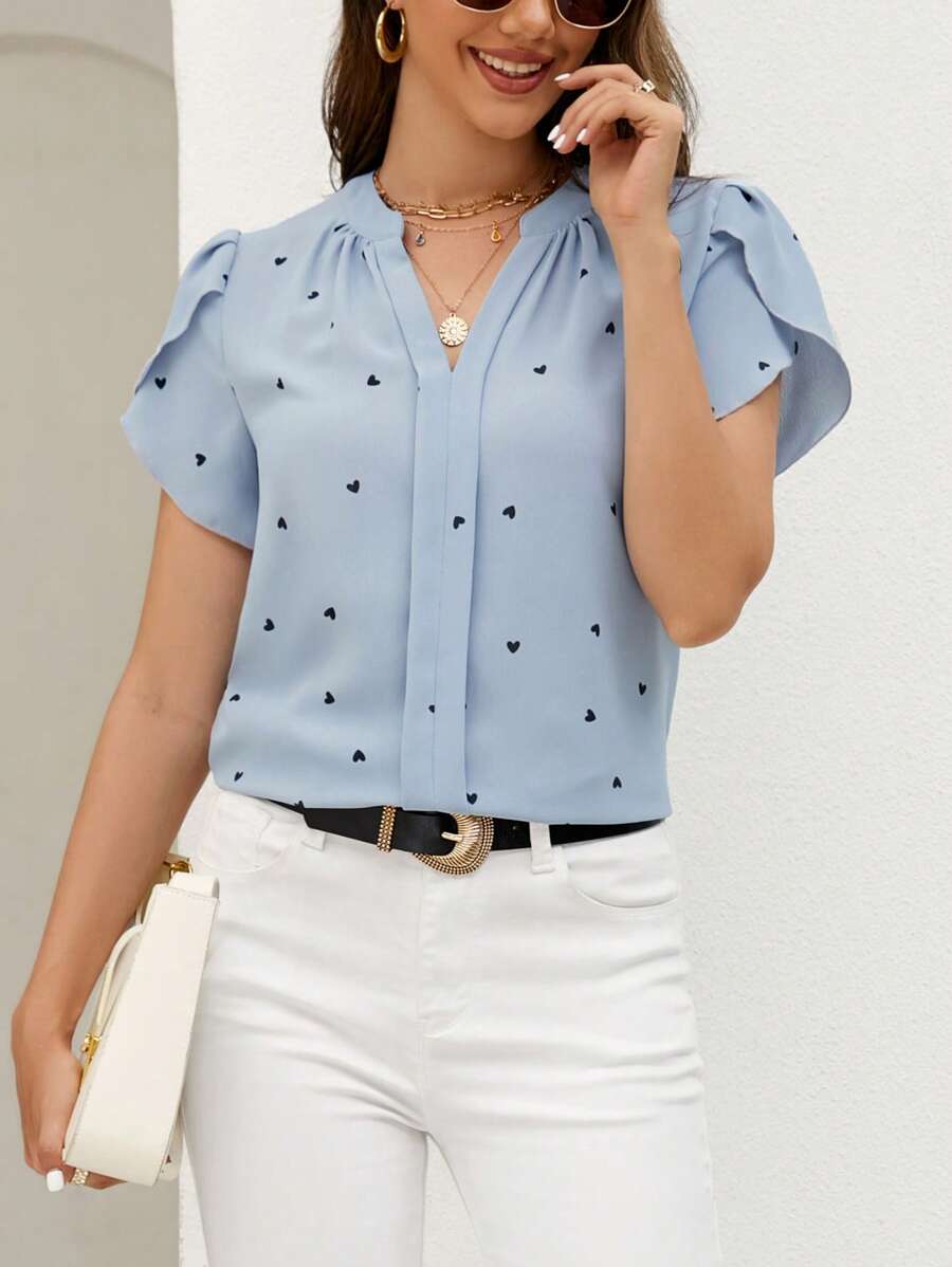SHEIN Clasi Áo thun ngắn tay cổ chữ V thêu họa tiết, kiểu dáng thường ngày, thích hợp mặc mùa hè, nhân dịp Ngày của Mẹ. - Màu xanh lam - Xem 1