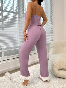 蕾絲拼接吊帶上衣&荷葉邊長褲睡衣套裝 - 淺灰紫 - 查看 2