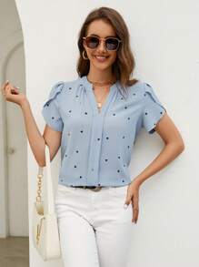 SHEIN Clasi Áo thun ngắn tay cổ chữ V thêu họa tiết, kiểu dáng thường ngày, thích hợp mặc mùa hè, nhân dịp Ngày của Mẹ. - Màu xanh lam - Xem 3