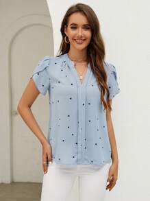 SHEIN Clasi Áo thun ngắn tay cổ chữ V thêu họa tiết, kiểu dáng thường ngày, thích hợp mặc mùa hè, nhân dịp Ngày của Mẹ. - Màu xanh lam - Xem 4