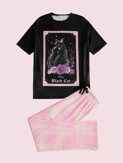 Rosie con stampa gatto Maglietta & a quadri Pantaloni Set pigiama