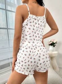 SHEIN Ditsy Floral Print Frill Trim PJ Set - White - View 2