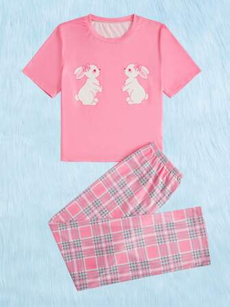 Kawaii con estampado de conejo Camiseta & de cuadros Pantalones Conjunto de pijama