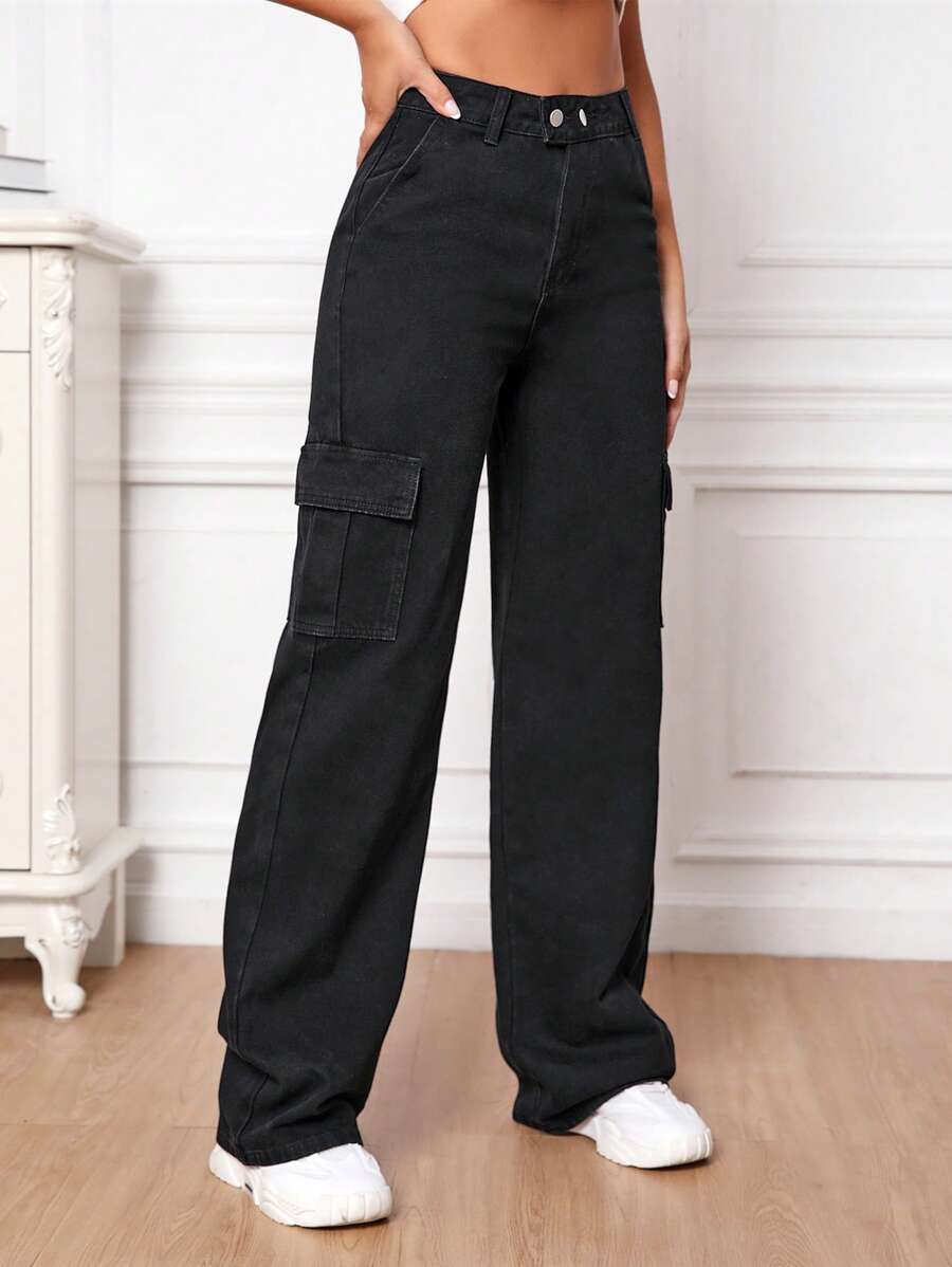 SHEIN Tall 高腰翻蓋口袋工裝牛仔褲 - 黑色 - 查看 1