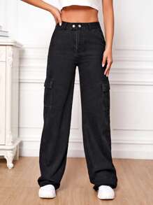 SHEIN Tall 高腰翻蓋口袋工裝牛仔褲 - 黑色 - 查看 4