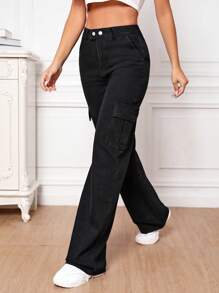 SHEIN Tall 高腰翻蓋口袋工裝牛仔褲 - 黑色 - 查看 5