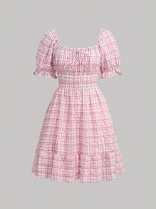 SHEIN MOD Vestido con estampado de cuadros de hombros descubiertos bajo con fruncido - Rosa - Ver 2