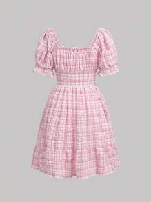 SHEIN MOD Vestido con estampado de cuadros de hombros descubiertos bajo con fruncido - Rosa - Ver 4