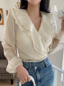 DAZY 荷叶边灯笼袖衬衫长袖上衣 - 杏色 - 查看 4