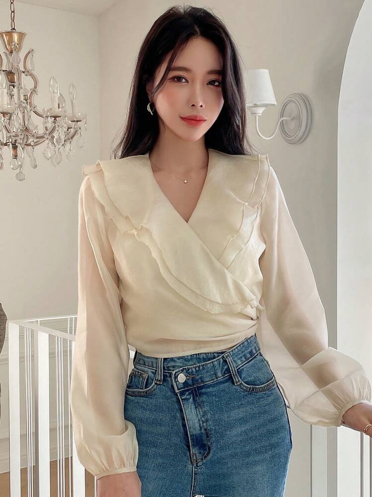 DAZY Ruffle Trim Lantern Sleeve Blouse Long Sleeve Top - Apricot - View 6