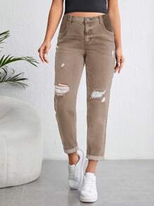 SHEIN Maternity Ripped Mom Fit Jeans - Mocha Brown - View 4