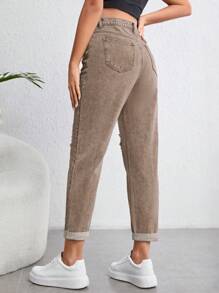 SHEIN Maternity Ripped Mom Fit Jeans - Mocha Brown - View 3