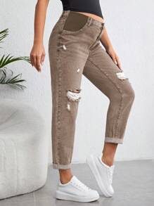 SHEIN Maternity Ripped Mom Fit Jeans - Mocha Brown - View 2