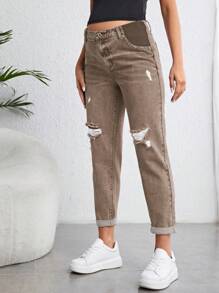 SHEIN Maternity Ripped Mom Fit Jeans - Mocha Brown - View 1