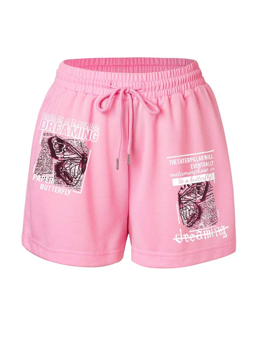 INAWLY Butterfly & Slogan Graphic Drawstring Waist Track Shorts - Pink - View 1