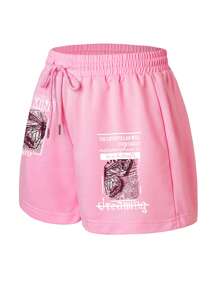 INAWLY Butterfly & Slogan Graphic Drawstring Waist Track Shorts - Pink - View 3