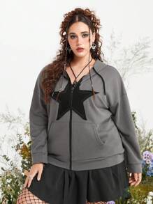 ROMWE Fairycore Áo nỉ dáng rộng có họa tiết ngôi sao, vai rớt, dây rút. - Xám - Xem 7