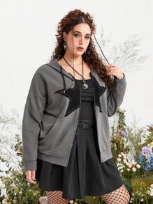 ROMWE Fairycore Áo nỉ dáng rộng có họa tiết ngôi sao, vai rớt, dây rút. - Xám - Xem 8