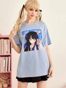 Konoumi 人像圖案落肩T恤 - 藍色 - 查看 1