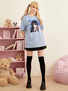 Konoumi 人像圖案落肩T恤 - 藍色 - 查看 2