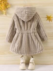 SHEIN Cô Gái Trẻ 1 Miếng Nút phía trước áo có mũ Áo khoác Teddy - Màu Khaki - Xem 2