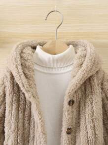 SHEIN Cô Gái Trẻ 1 Miếng Nút phía trước áo có mũ Áo khoác Teddy - Màu Khaki - Xem 3