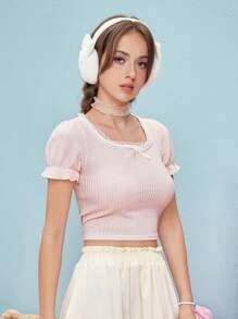 ROMWE Kawaii 素色前蝴蝶結T恤不附頸鏈 - 粉色 - 查看 1
