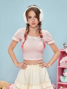 ROMWE Kawaii 素色前蝴蝶結T恤不附頸鏈 - 粉色 - 查看 2
