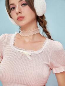 ROMWE Kawaii 素色前蝴蝶結T恤不附頸鏈 - 粉色 - 查看 5