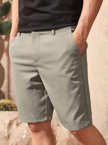 Manfinity Homme Men Slant Pocket Bermuda Shorts Dress Holographic Plain Work - Light Grey - View 1