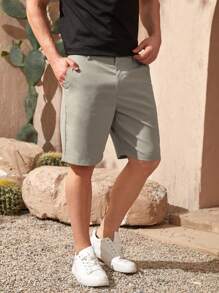 Manfinity Homme Men Slant Pocket Bermuda Shorts Dress Holographic Plain Work - Light Grey - View 3